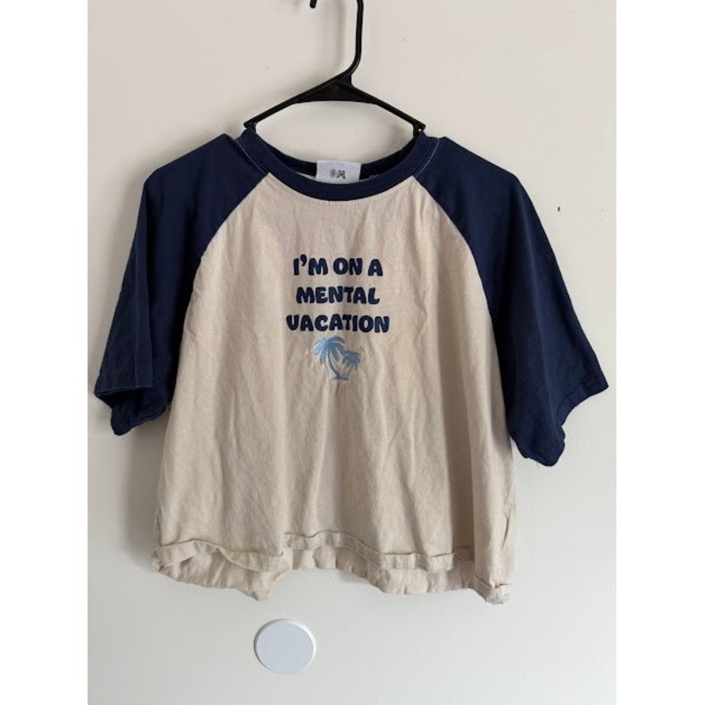 Y2K Daisy Street Raglan Tee Women XL Cream Navy Mental Vacation Graphic Crop Top